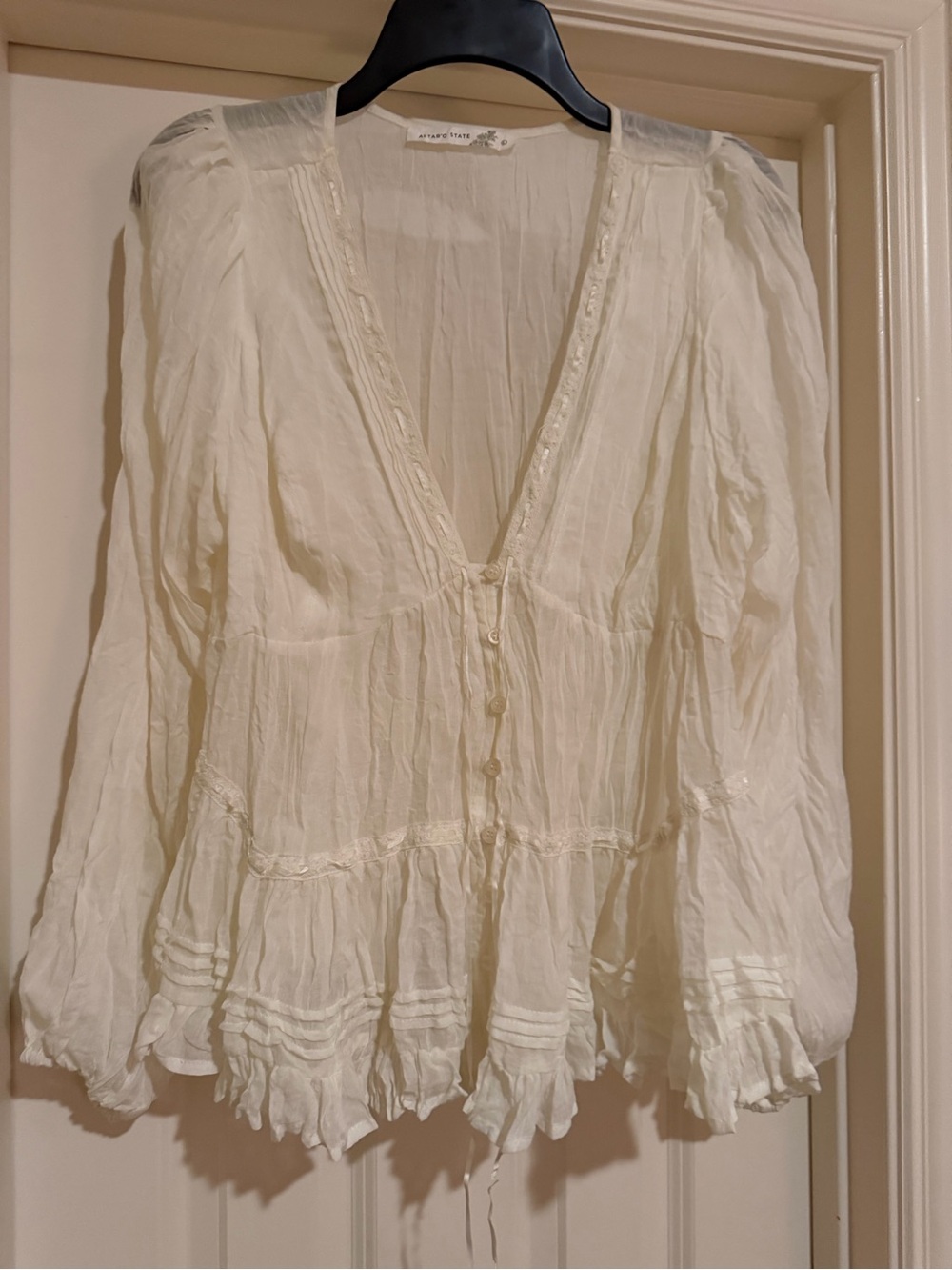 Altar'd State Cream V-Neck Pintuck Ruffle Peasant Top